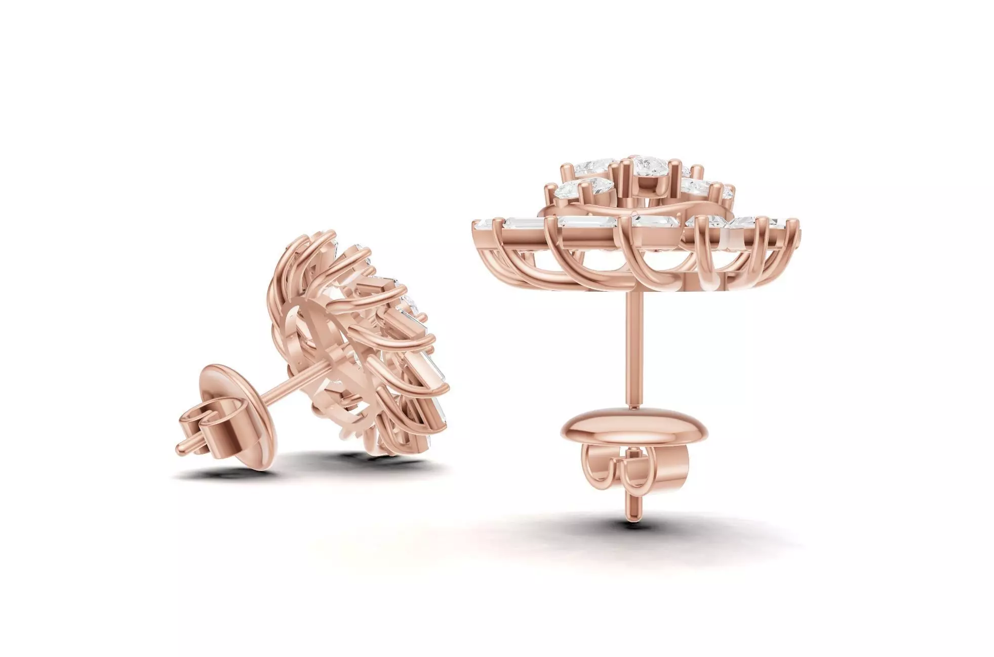 Sunburst Baguette Diamond Stud Earrings With Floral Style 3D print model_7