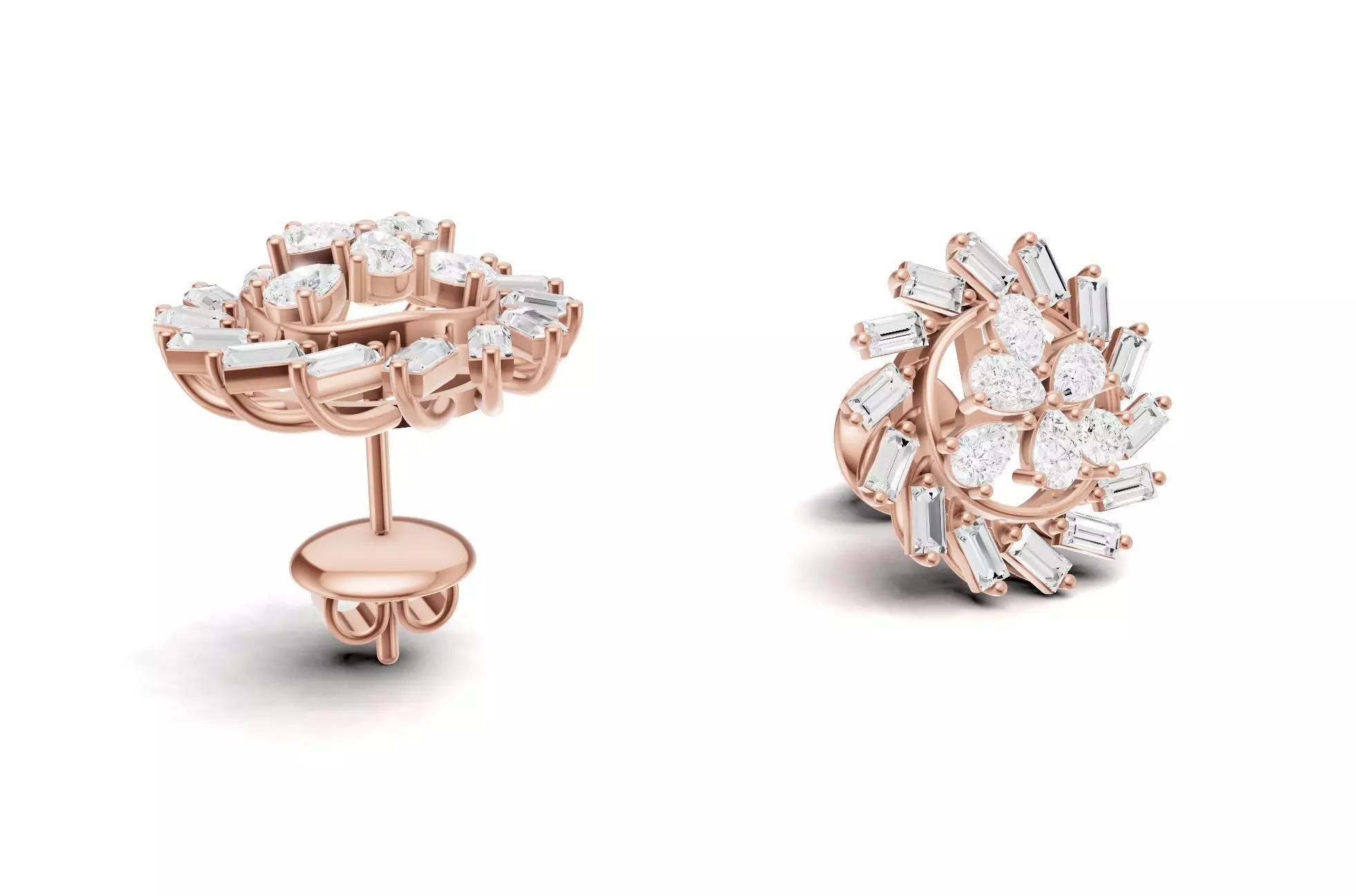 Sunburst Baguette Diamond Stud Earrings With Floral Style 3D print model_6