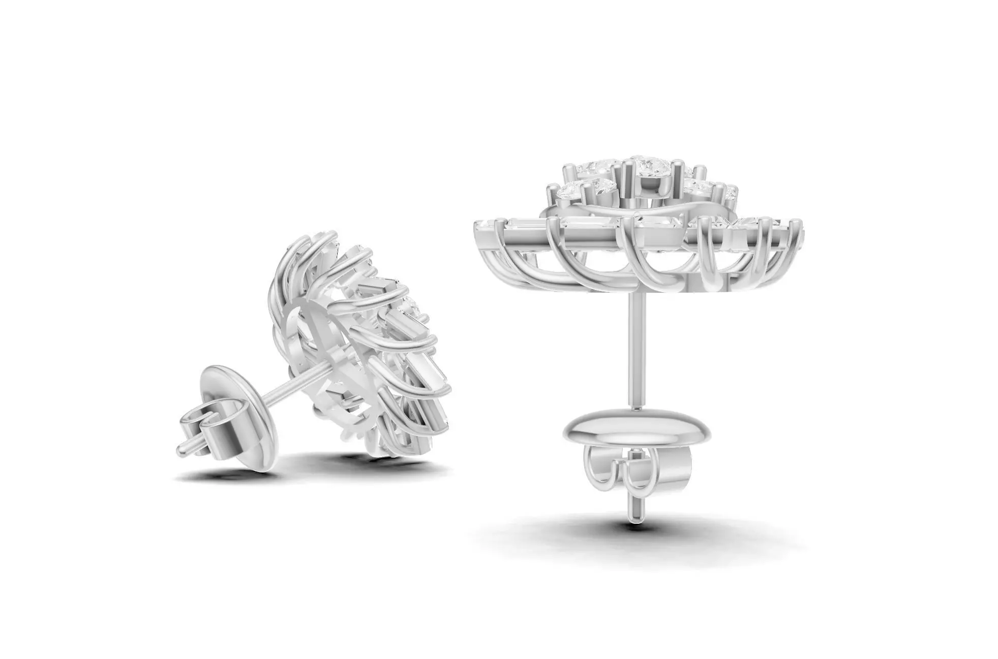 Sunburst Baguette Diamond Stud Earrings With Floral Style 3D print model_12