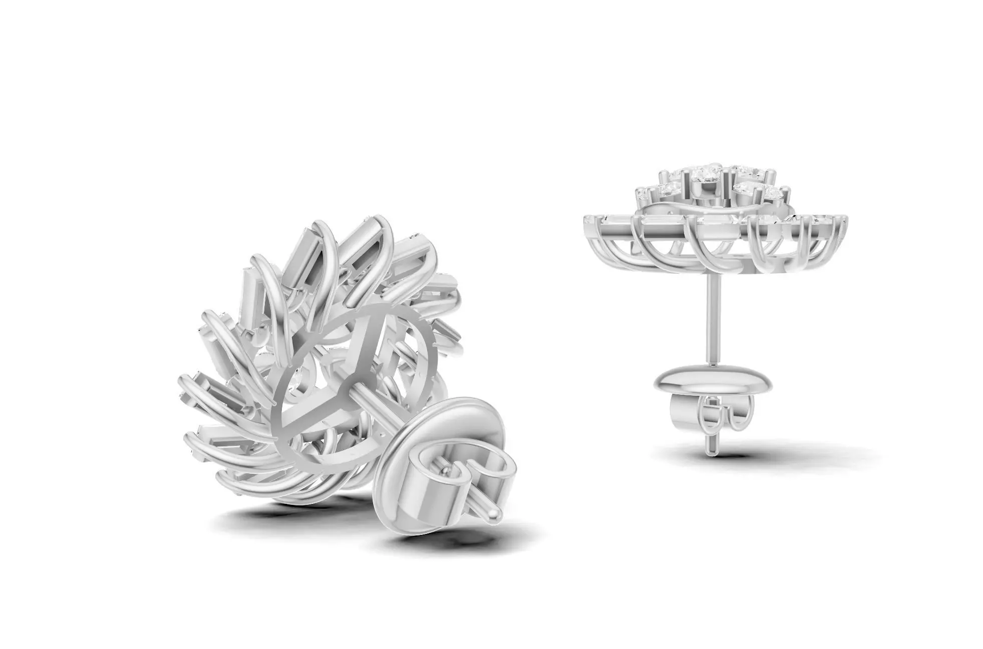 Sunburst Baguette Diamond Stud Earrings With Floral Style 3D print model_11