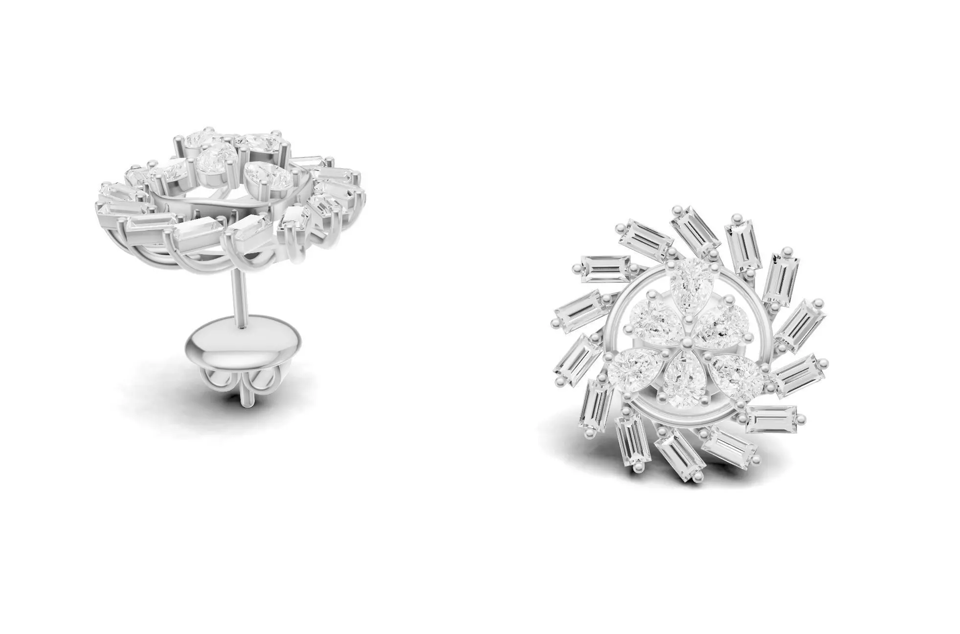 Sunburst Baguette Diamond Stud Earrings With Floral Style 3D print model_2
