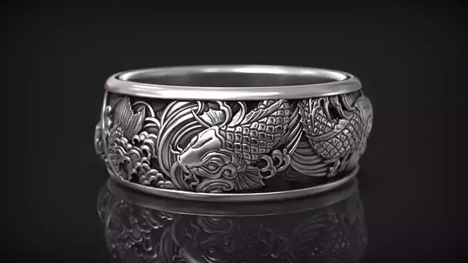 Japanese Style Band Koi Fish Ring with Carp and Wave Motifs