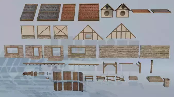 Medieval Modular Houses Kit 3D model 5