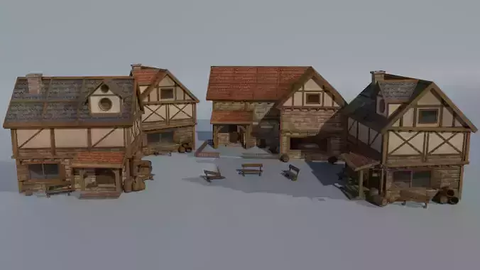 Medieval Modular Houses Kit 3D model 3