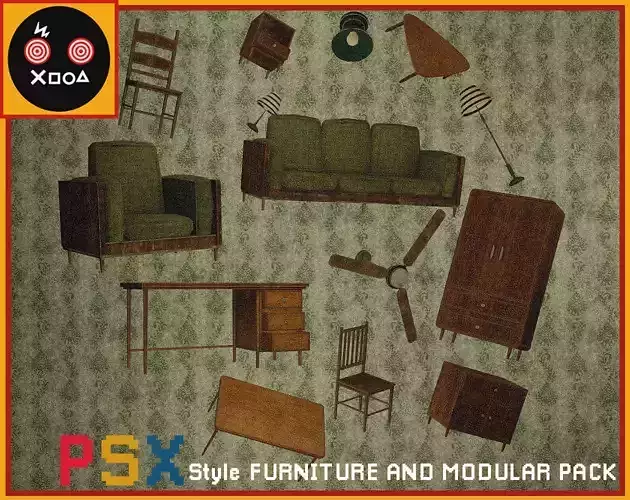 PSX style furniture and modular pack Low-poly 3D model