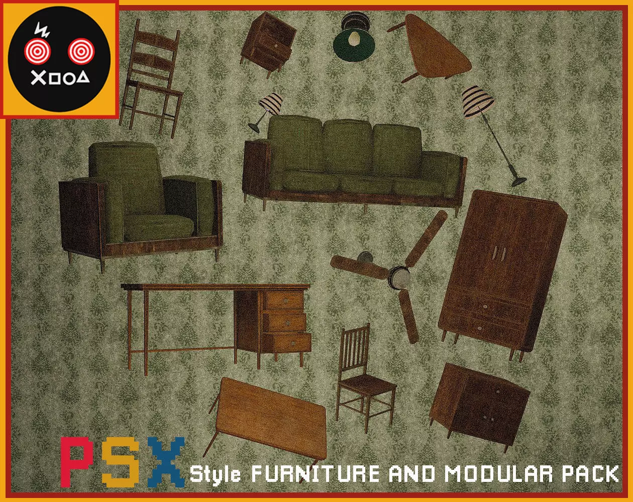 PSX style furniture and modular pack Low-poly 3D model_0