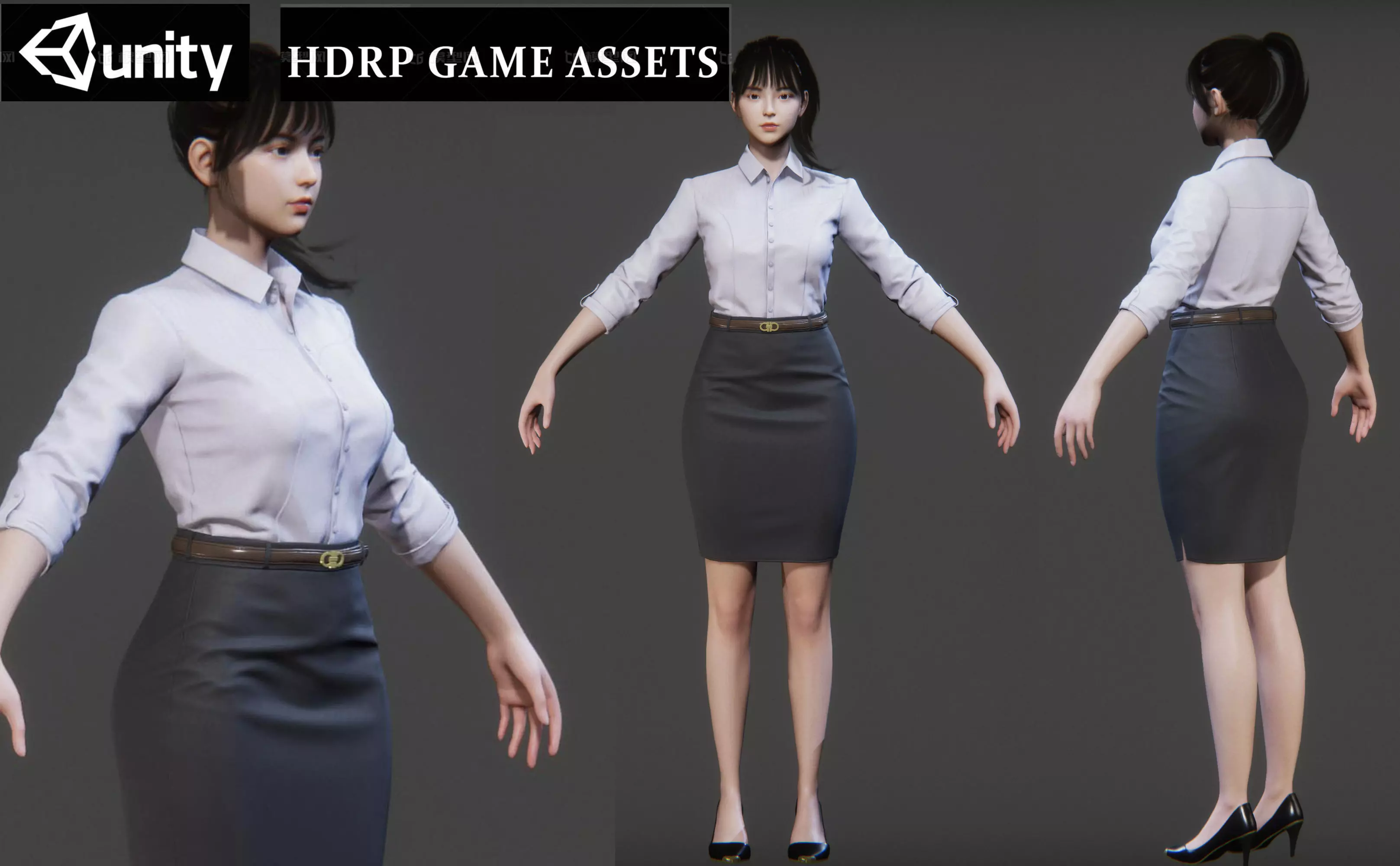 Rigged Female Suit Game Assests Bussiness Suit Low-poly 3D model_0