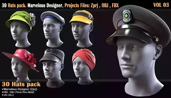 30 Hats pack - Projects Files- Zprj - OBJ - FBX