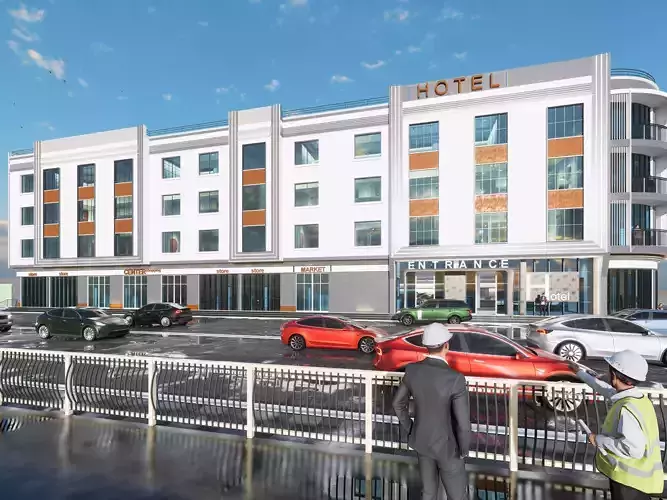 Modern 4 Story Hotel Building I Revit-FBX-DWG-HQuality Renders I