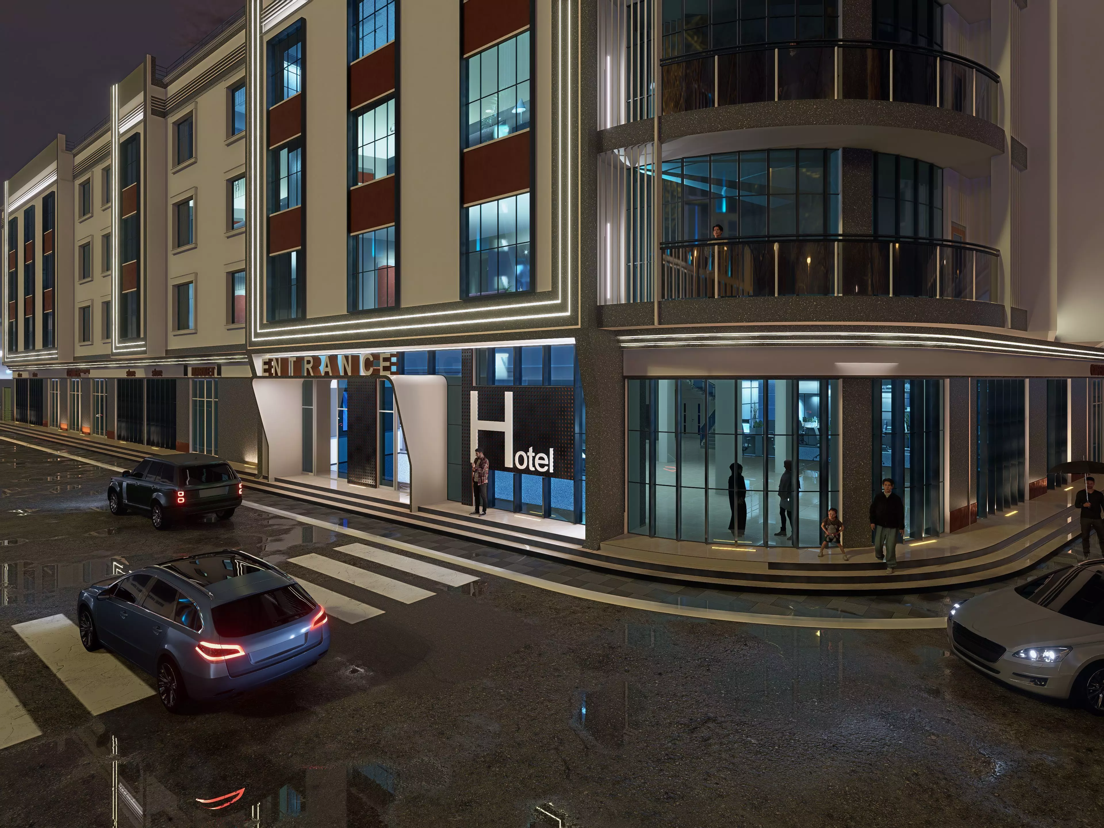 Modern 4 Story Hotel Building I Revit-FBX-DWG-HQuality Renders I 3D model_1