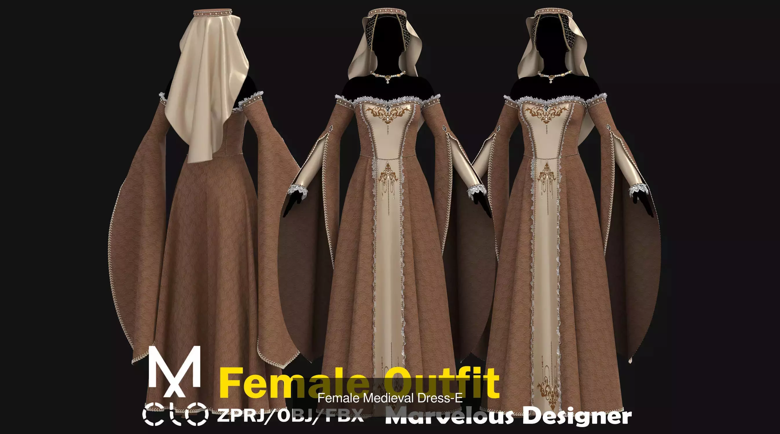 3 Female Medieval Dress-E  3D Model Collection_3