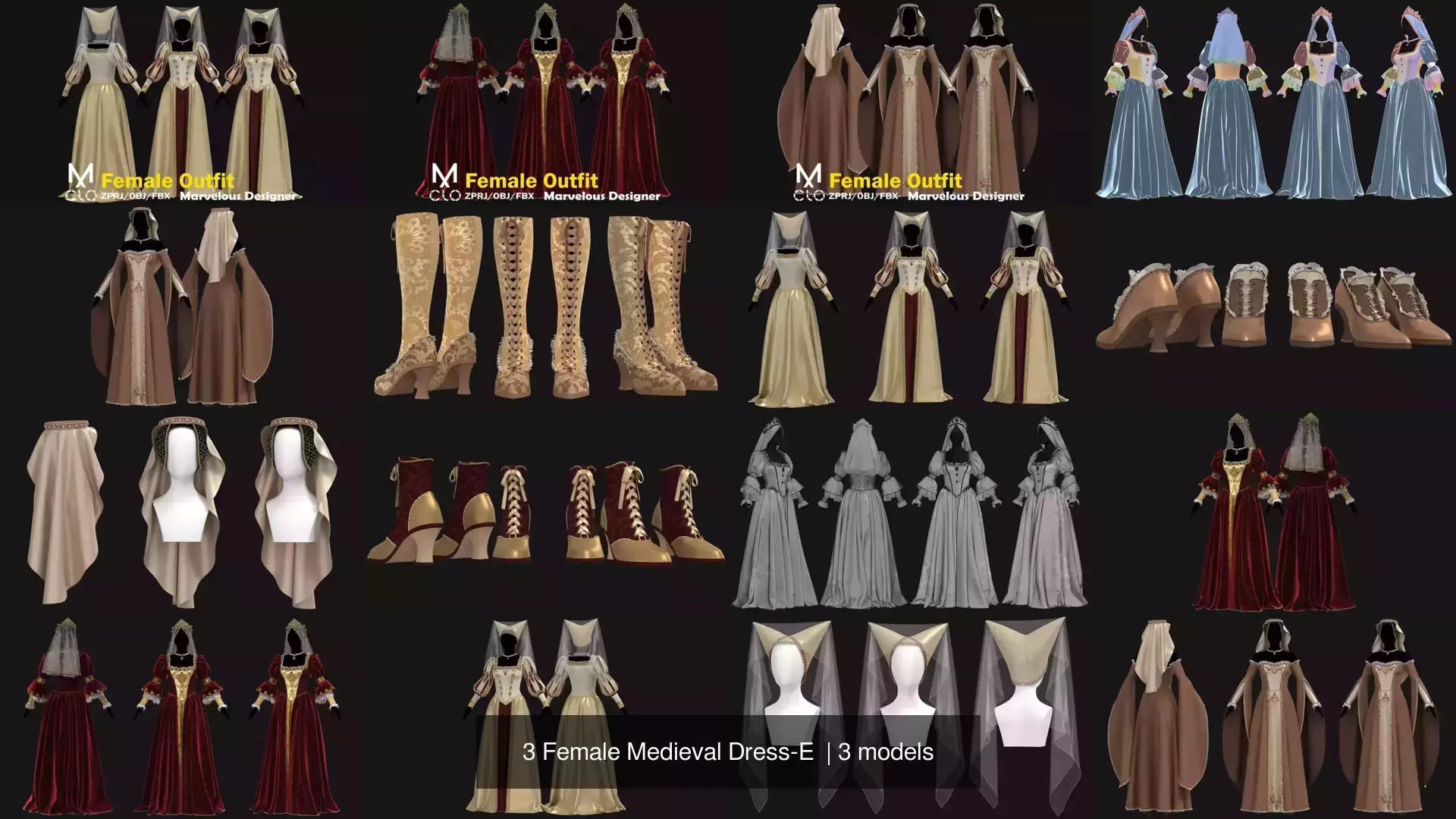 3 Female Medieval Dress-E  3D Model Collection_0