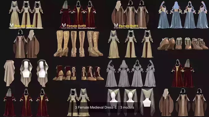 3 Female Medieval Dress-E  3D Model Collection