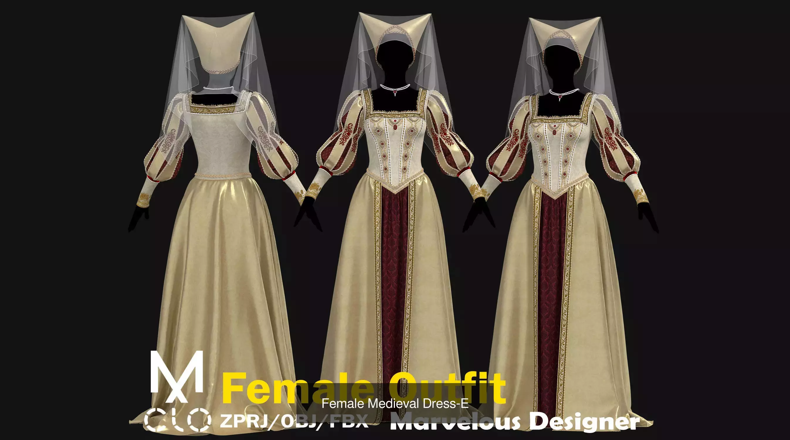 3 Female Medieval Dress-E  3D Model Collection_1