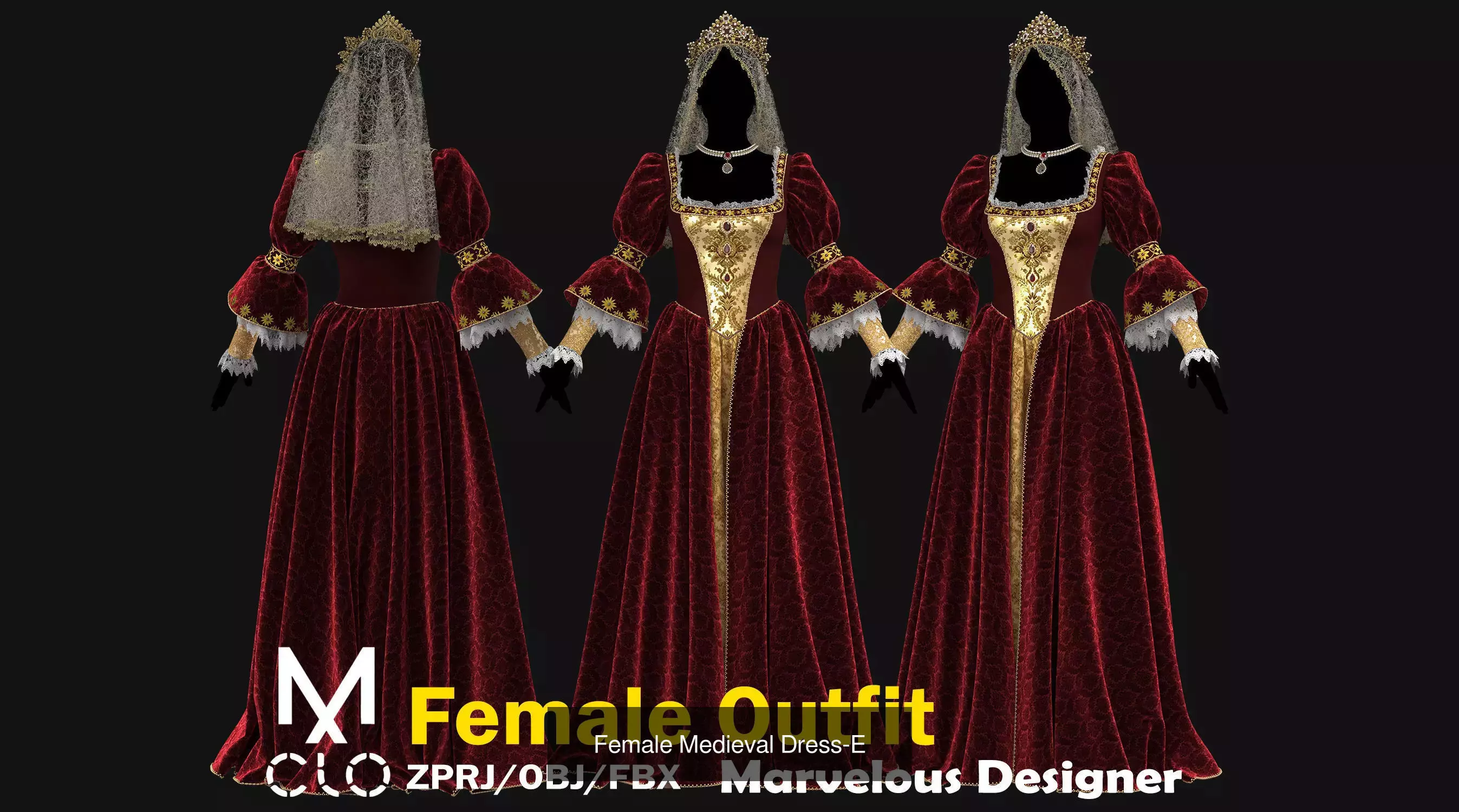 3 Female Medieval Dress-E  3D Model Collection_2