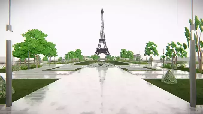 Eiffel Tower and Trocadero Gardens Paris Land Low-poly 3D model 2