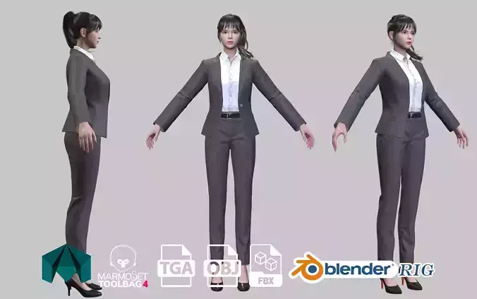 Rigged Women working suit gameAssets 6