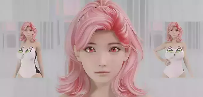 Luna Girl Character Full Body Rigged Pink Hair Dress PBR Blender