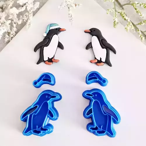 Penguin in Santa Hat Polymer Clay Earrings Cutter