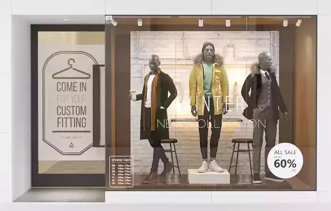 Shop front with male mannequin 3D model