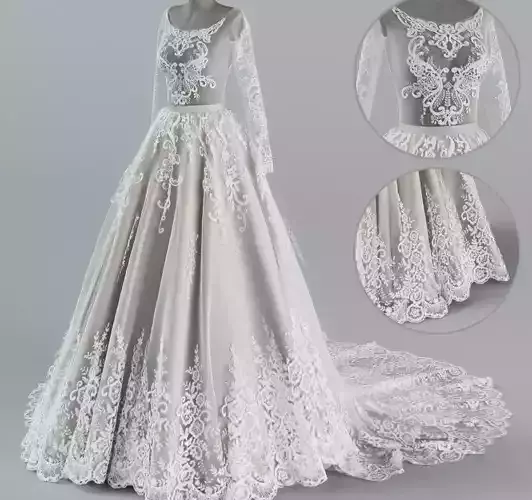 Wedding dress with train 3D model