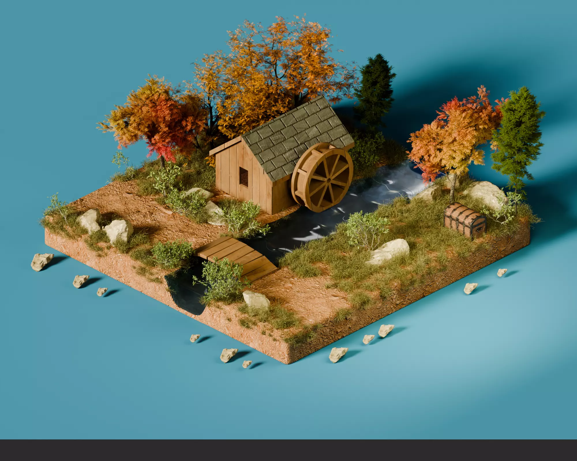 Autumn Watermill Diorama 3D model_1