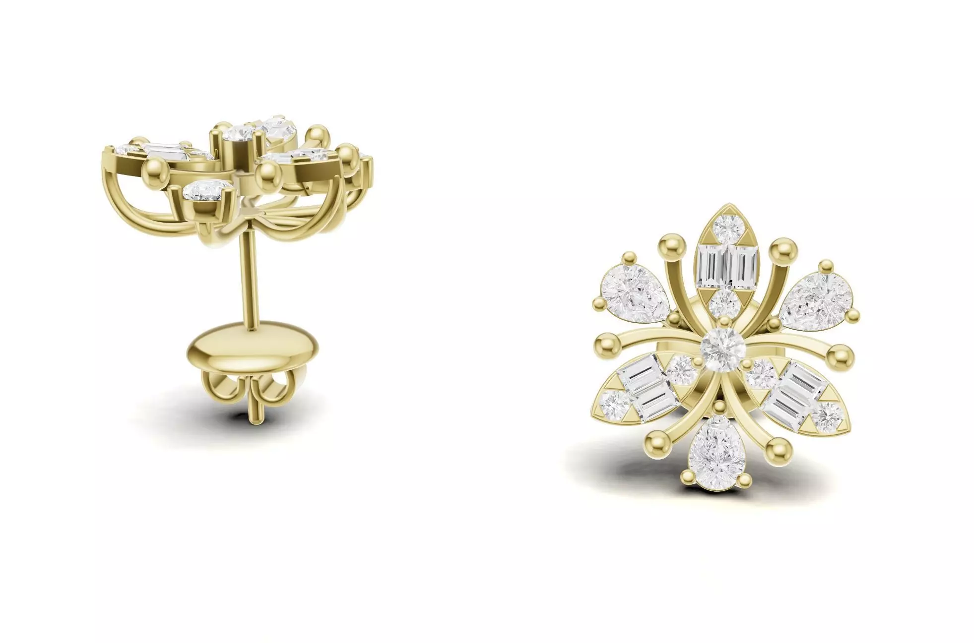 Cluster Diamond Stud Earrings With Baguette Pear Style 3D print model