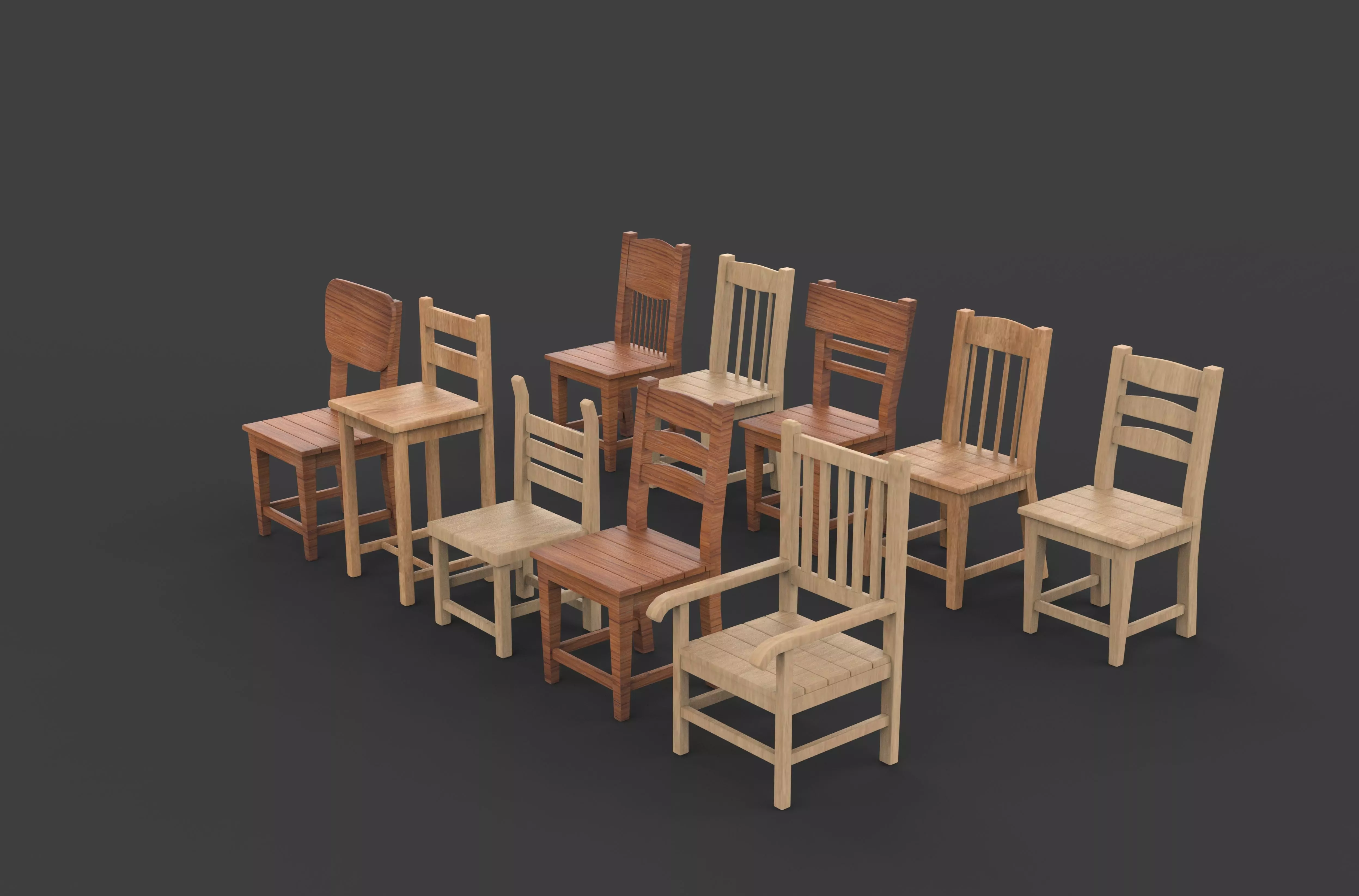 Wooden chairs set 3D model_4