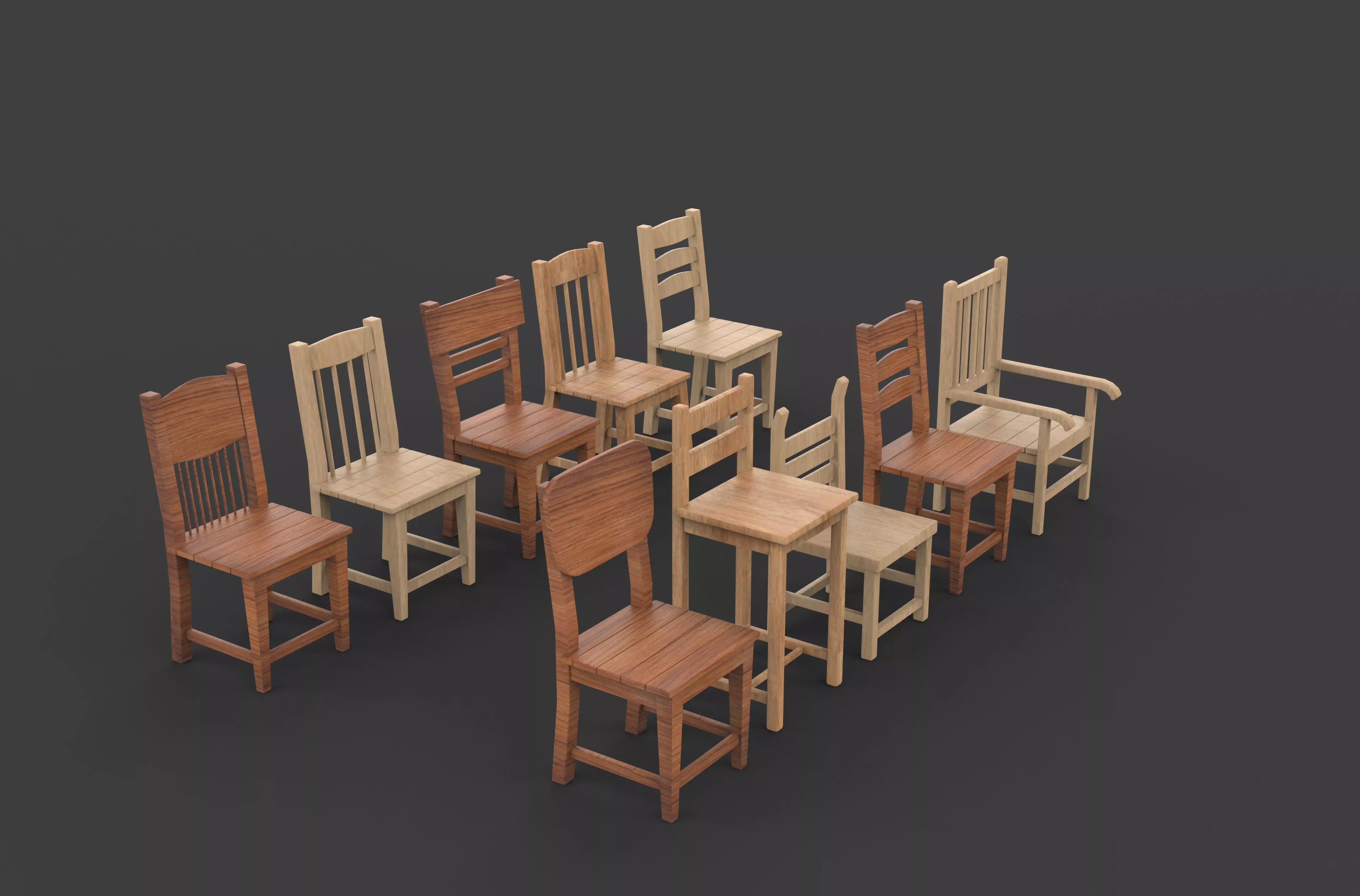 Wooden chairs set 3D model_6