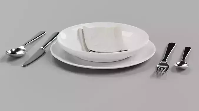 Plates with Cutlery and Napkin - Dining Table Arrangement 3D model 5
