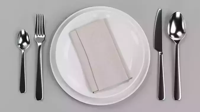 Plates with Cutlery and Napkin - Dining Table Arrangement 3D model 2