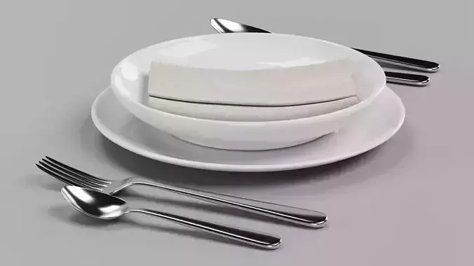 Plates with Cutlery and Napkin - Dining Table Arrangement 3D model 4