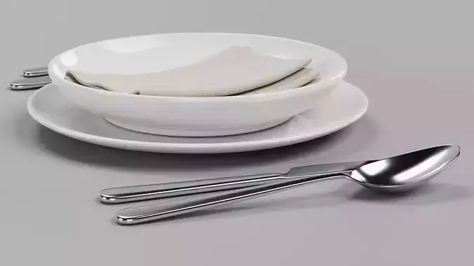Plates with Cutlery and Napkin - Dining Table Arrangement 3D model 6