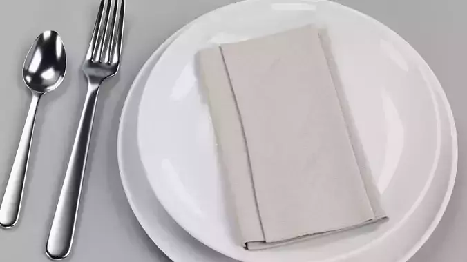 Plates with Cutlery and Napkin - Dining Table Arrangement 3D model 7