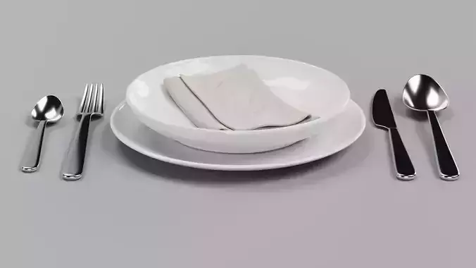 Plates with Cutlery and Napkin - Dining Table Arrangement 3D model 3