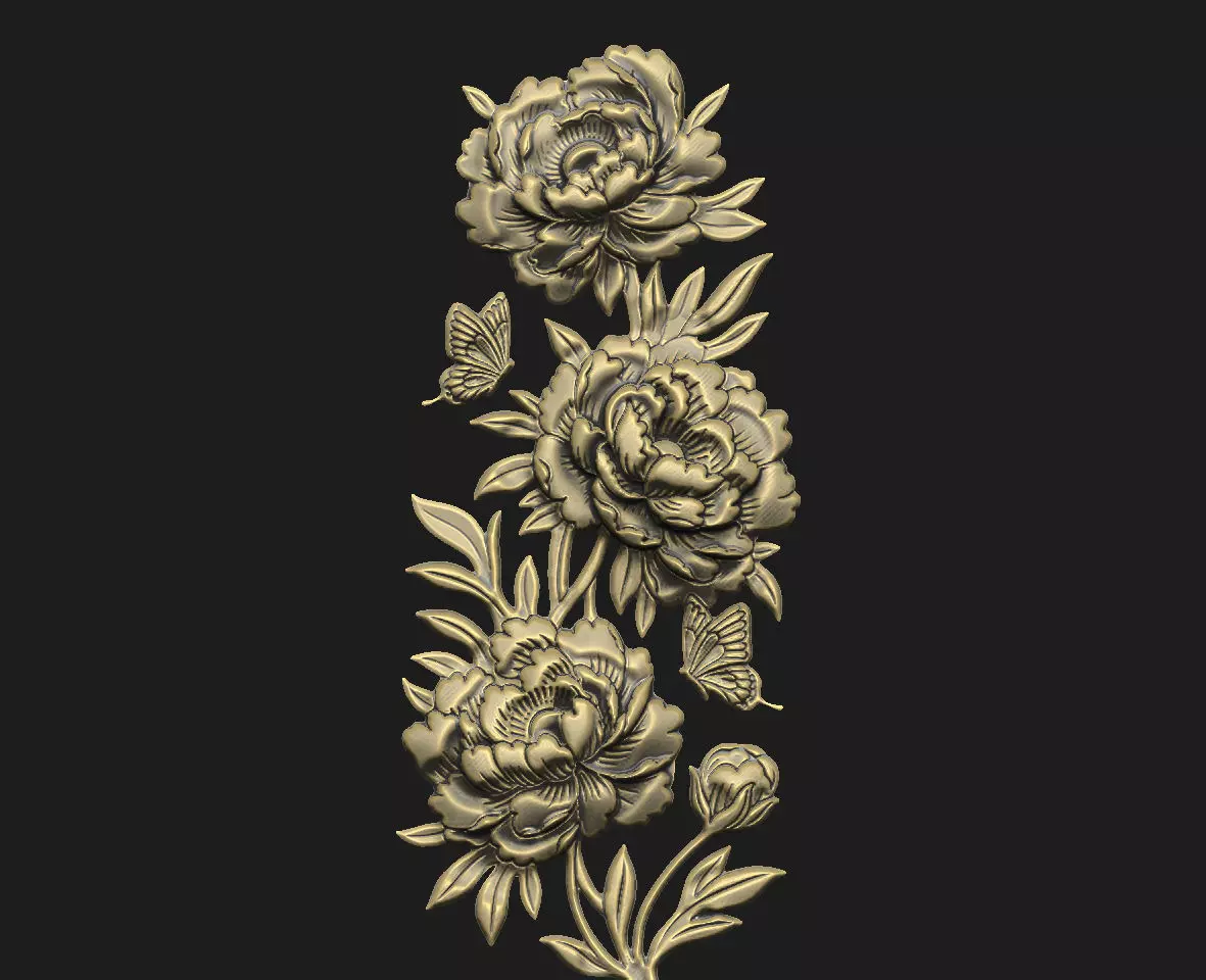Cad artcam cnc decor wood cluster peony wall panel door border 3D print model_2