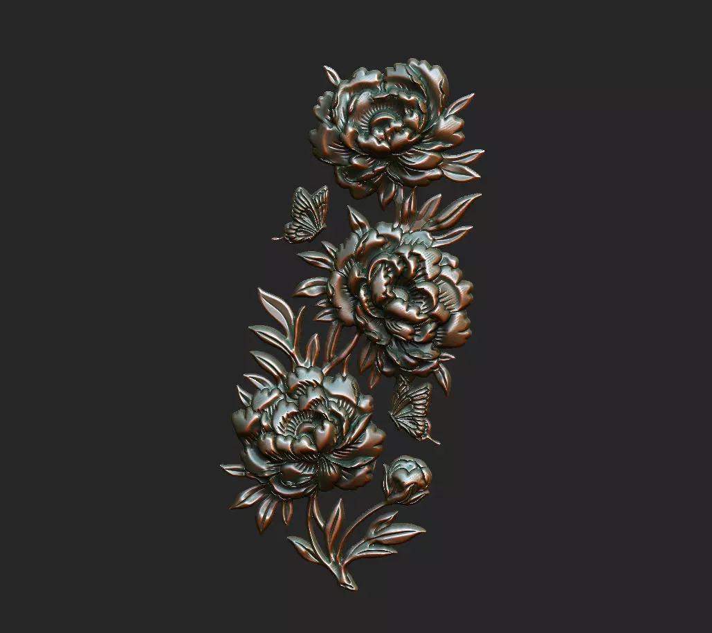 Cad artcam cnc decor wood cluster peony wall panel door border 3D print model_5