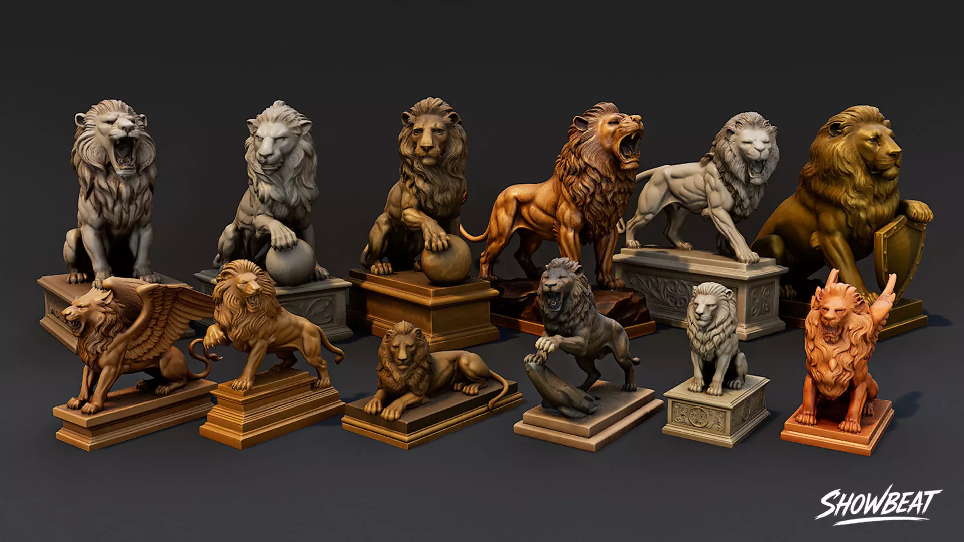 Lion Statues Pack Low-poly 3D model_1