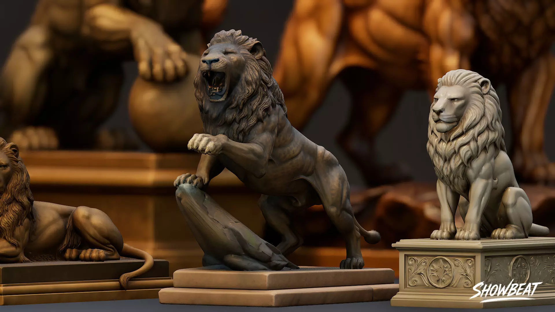 Lion Statues Pack Low-poly 3D model_5