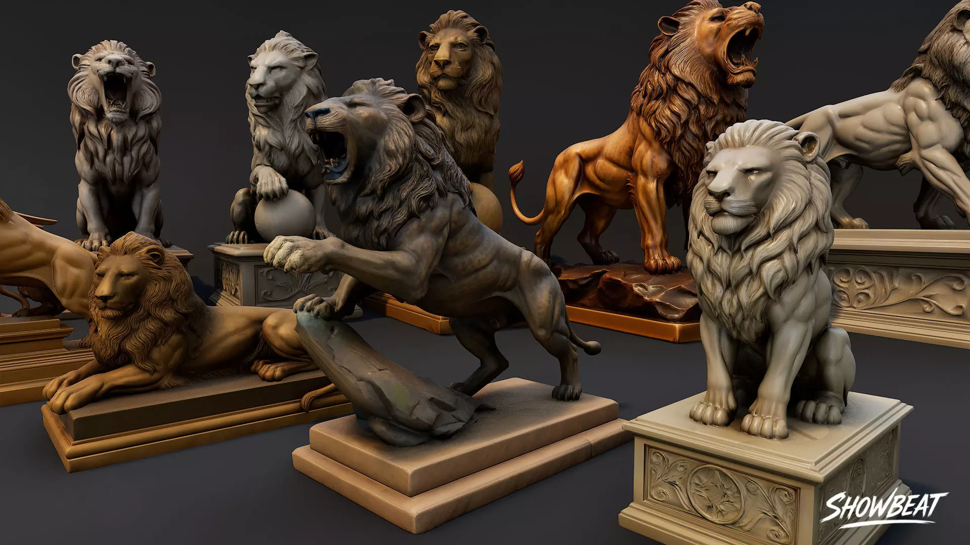 Lion Statues Pack Low-poly 3D model_3