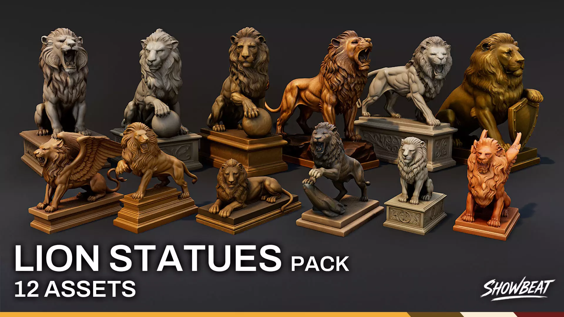 Lion Statues Pack Low-poly 3D model_0