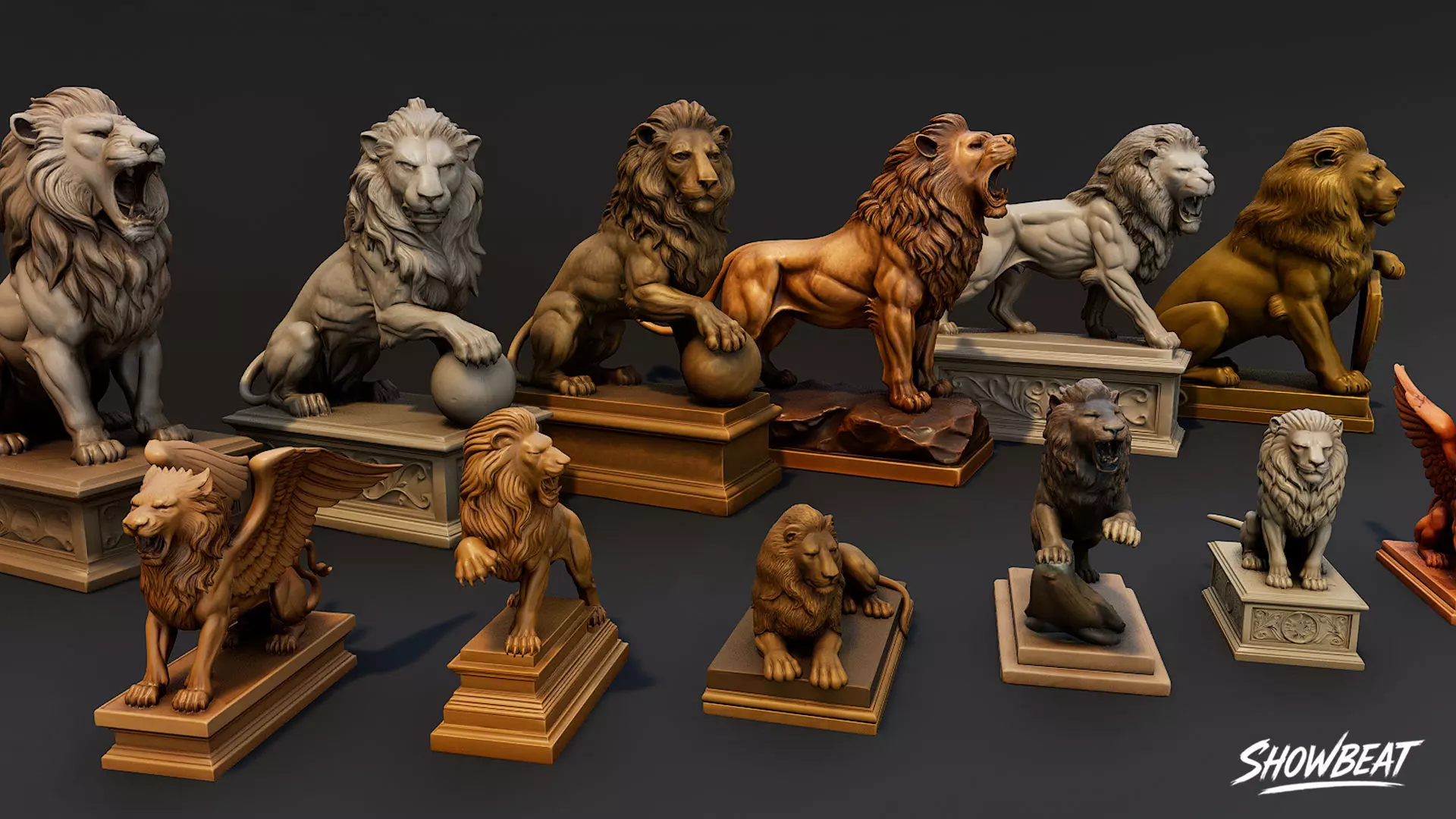 Lion Statues Pack Low-poly 3D model_2