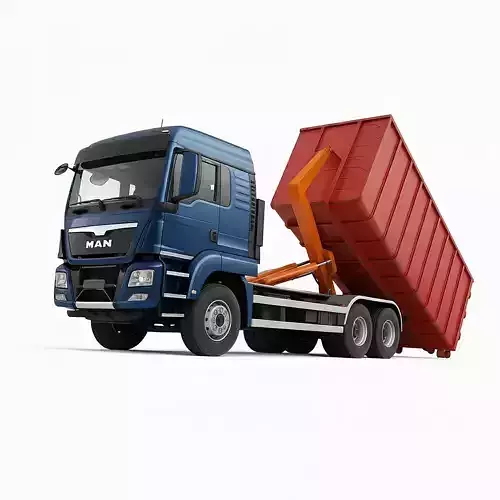 Hook Lift Truck with Red Waste Container