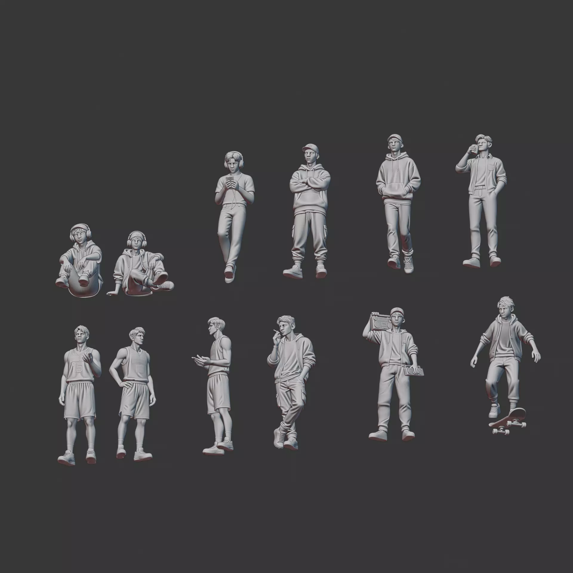 Street style man boy figure set for diorama 3D print model_4