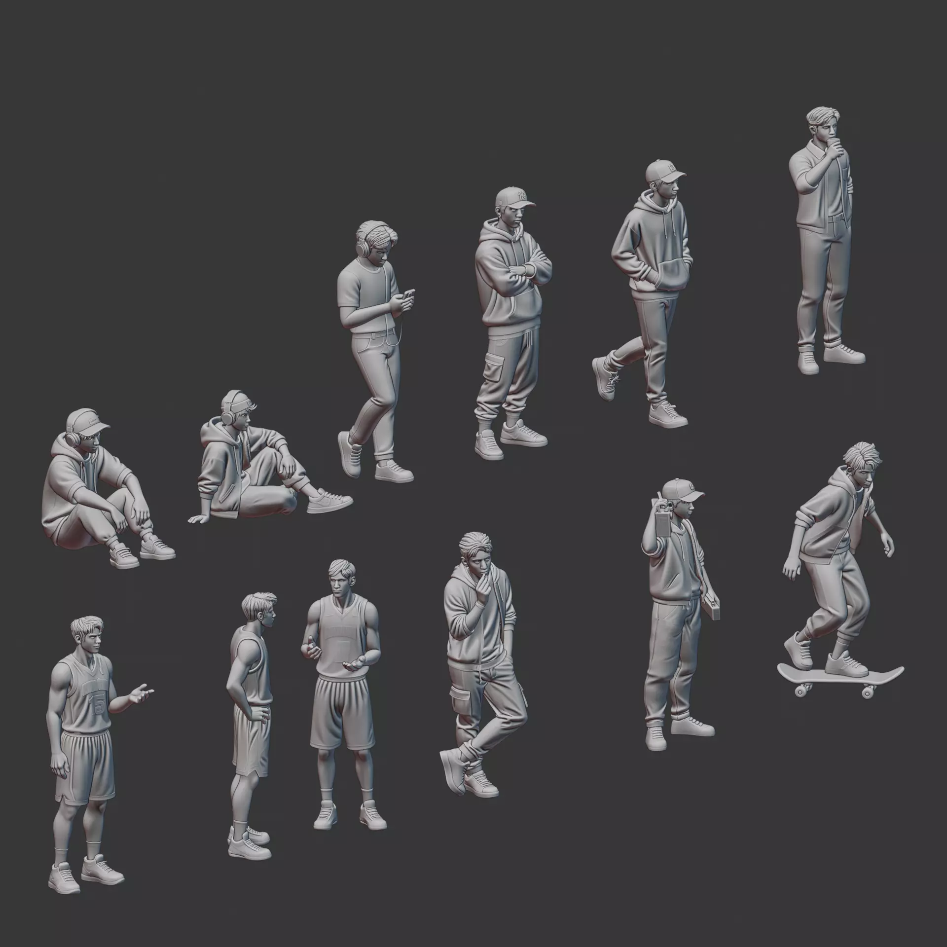 Street style man boy figure set for diorama 3D print model_3