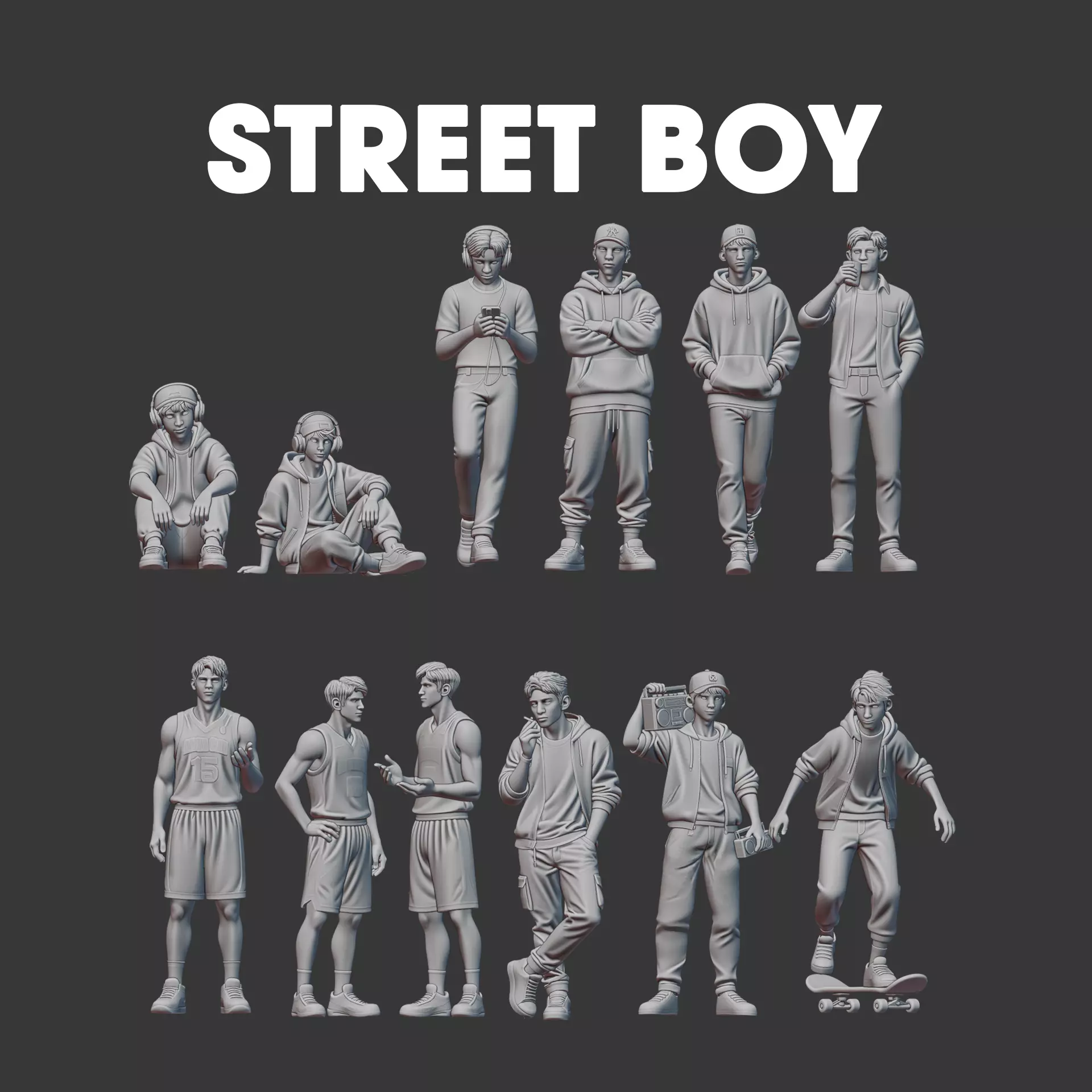 Street style man boy figure set for diorama 3D print model_0