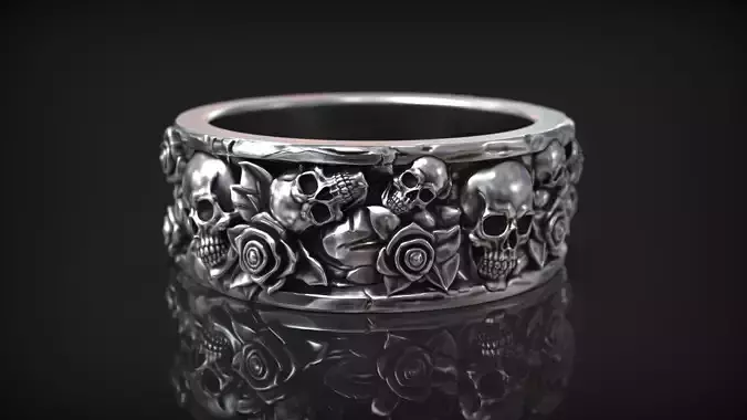 Calavera Mexican Style Roses Band with Carved Floral Skulls