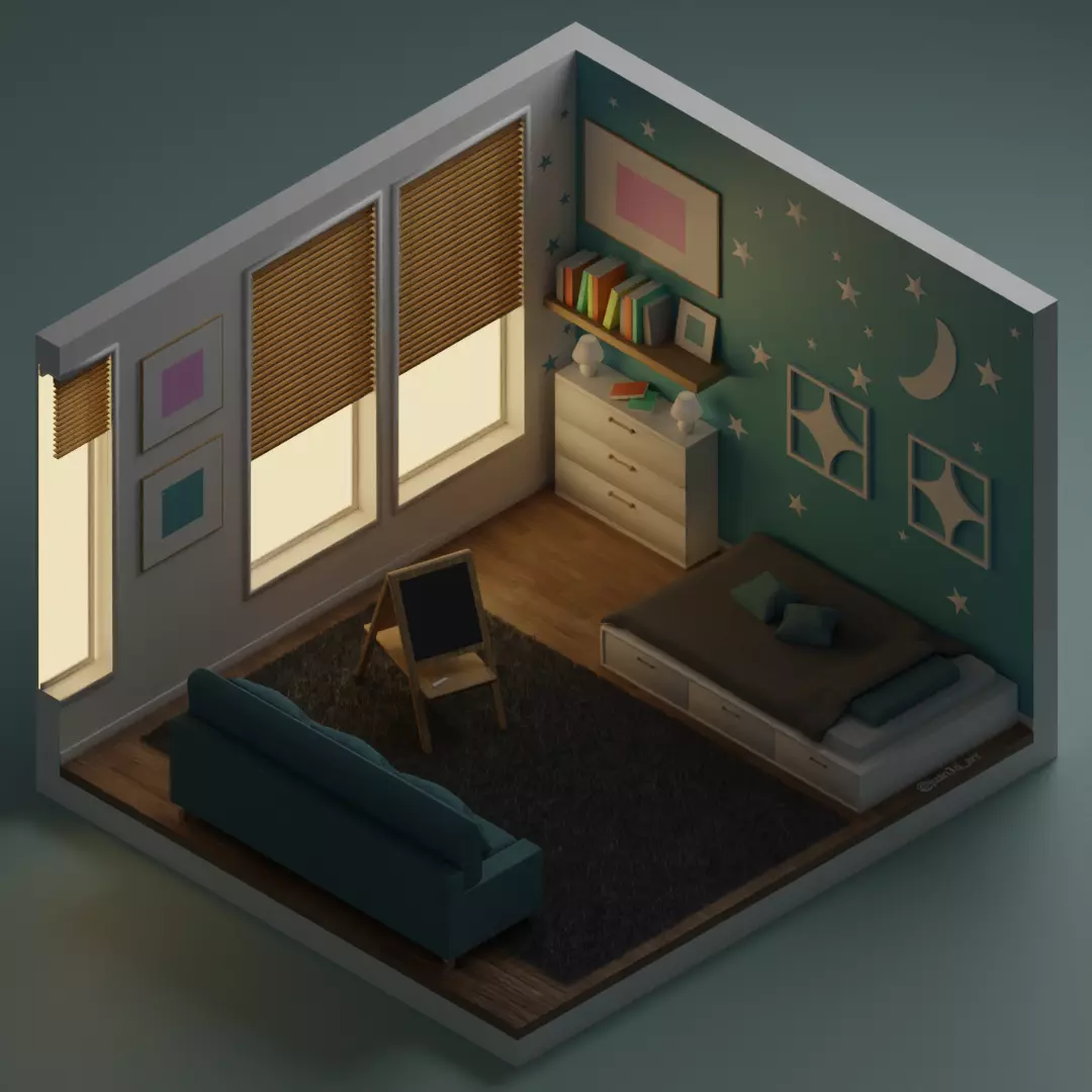 Isometric Bedroom Scene - Stylized Low-Poly Interior Diorama Low-poly 3D model_0