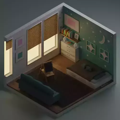 Isometric Bedroom Scene - Stylized Low-Poly Interior Diorama Low-poly 3D model