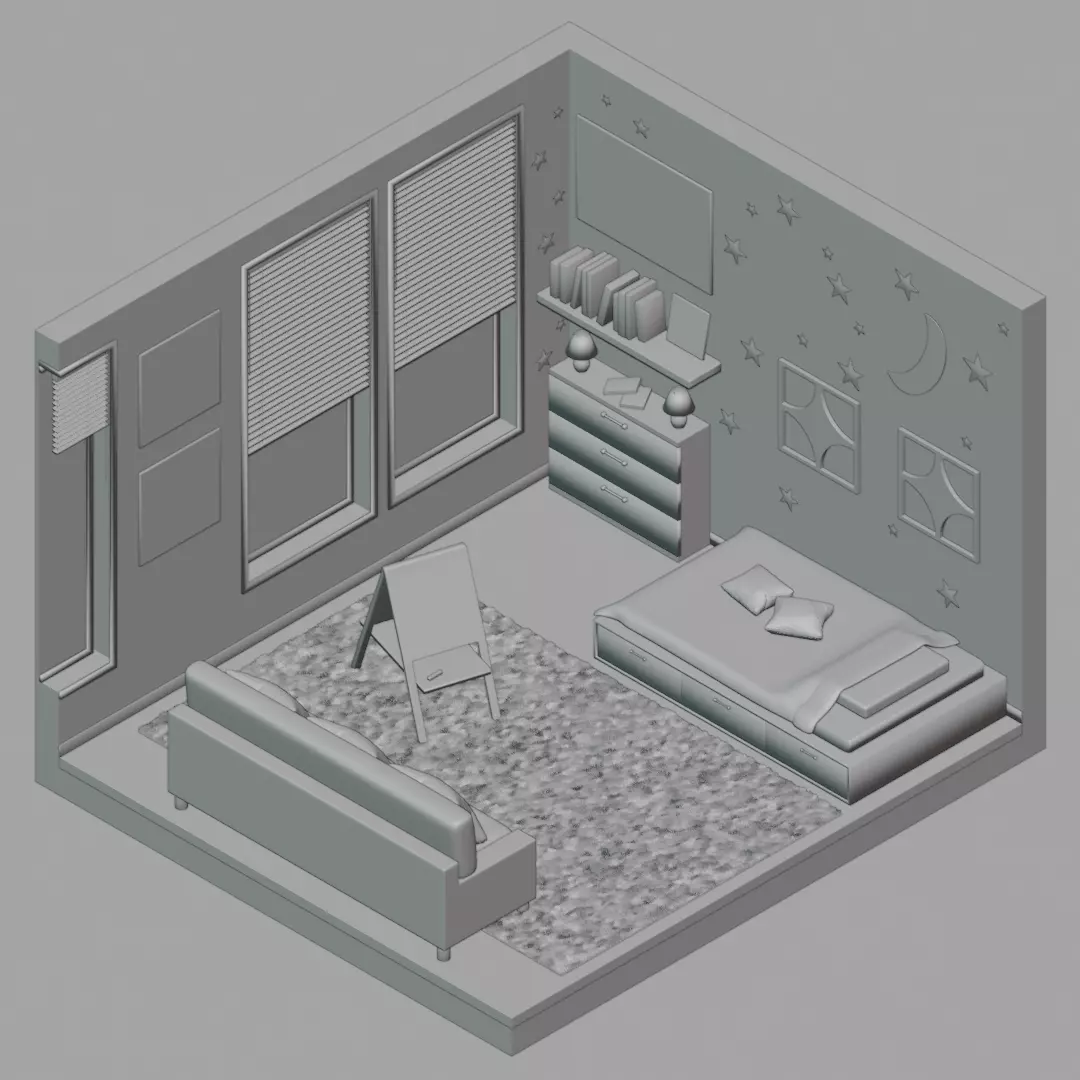 Isometric Bedroom Scene - Stylized Low-Poly Interior Diorama Low-poly 3D model_13